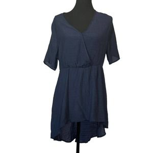 BloomChic Faux Wrap Blouse Women's 12 Navy Blue Short Sleeve High Low Gauze